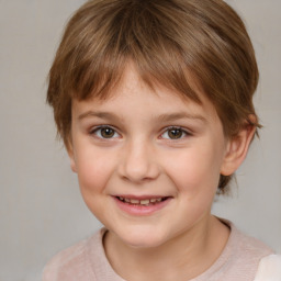 Joyful white child female with medium  brown hair and brown eyes