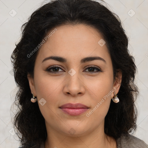 Joyful latino young-adult female with long  brown hair and brown eyes