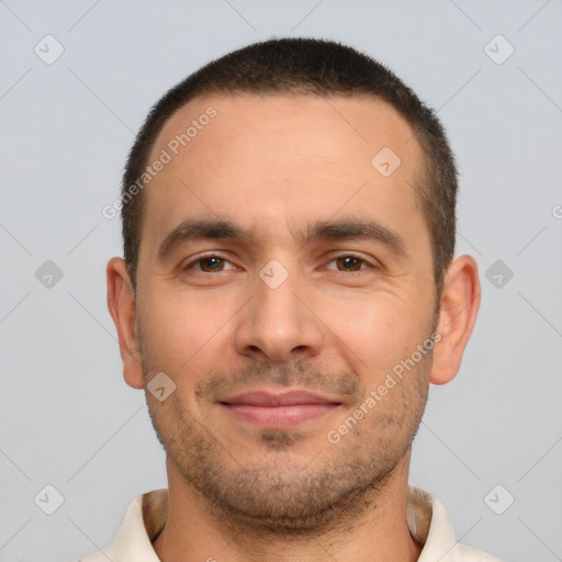 Joyful white young-adult male with short  brown hair and brown eyes