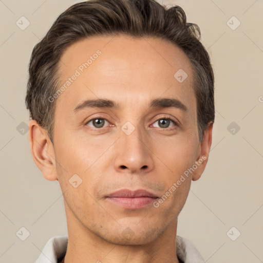 Neutral white adult male with short  brown hair and brown eyes