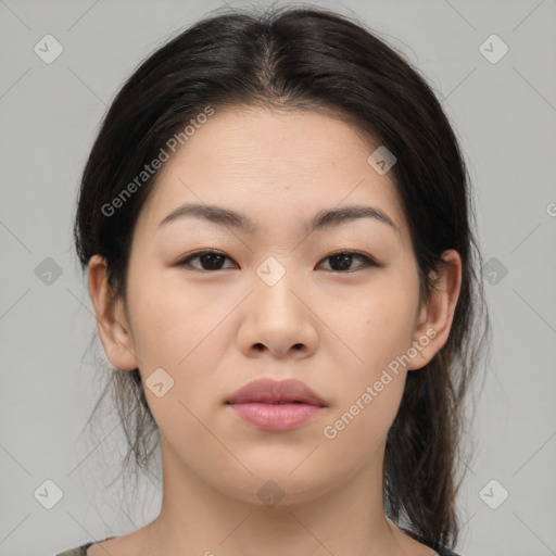 Neutral white young-adult female with medium  brown hair and brown eyes