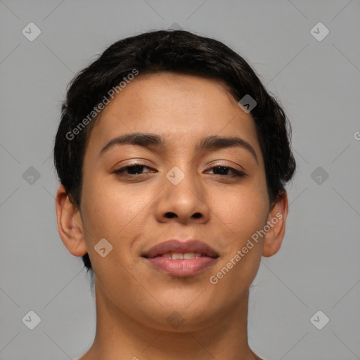 Joyful asian young-adult female with short  brown hair and brown eyes