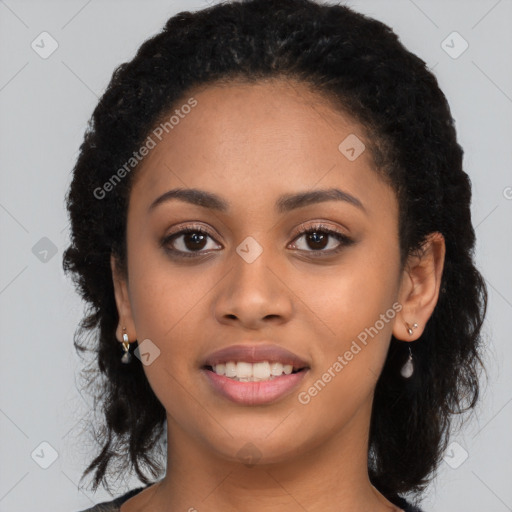 Joyful latino young-adult female with long  black hair and brown eyes