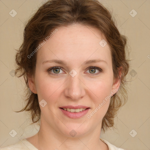 Joyful white young-adult female with medium  brown hair and green eyes