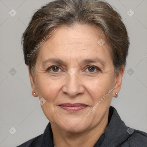 Joyful white middle-aged female with short  brown hair and brown eyes