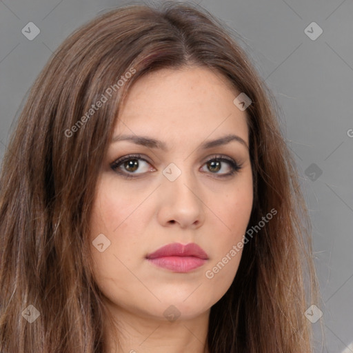 Neutral white young-adult female with long  brown hair and brown eyes