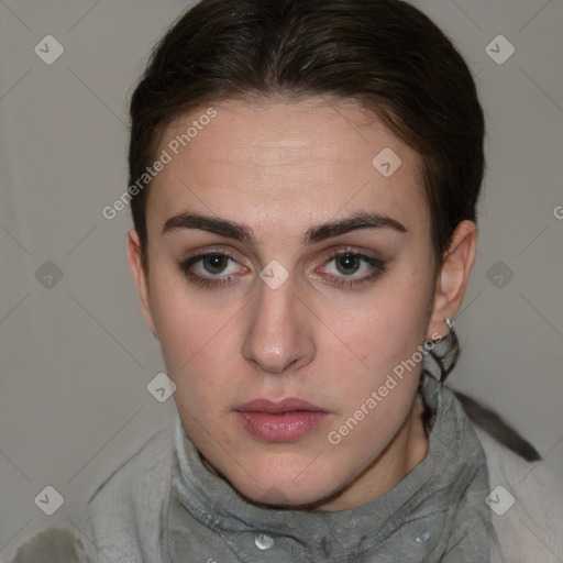 Neutral white young-adult female with short  brown hair and brown eyes