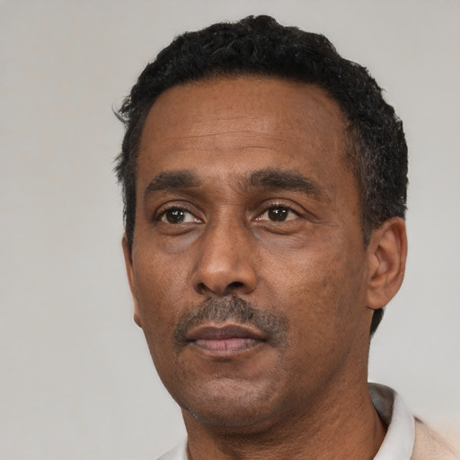 Neutral black adult male with short  black hair and brown eyes