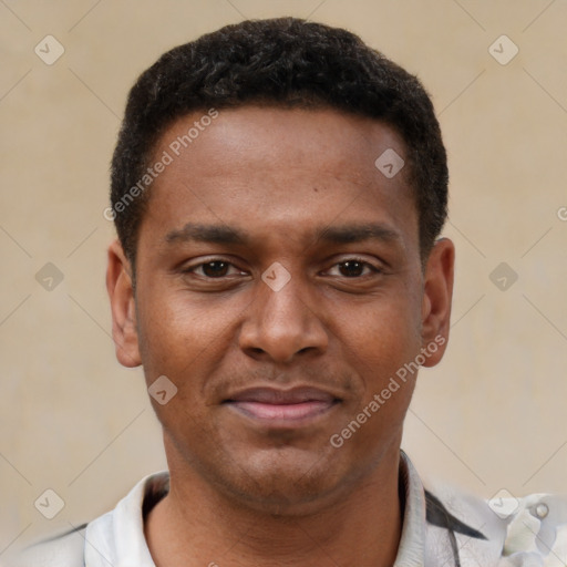 Joyful latino young-adult male with short  brown hair and brown eyes