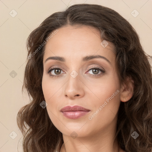 Neutral white young-adult female with long  brown hair and brown eyes