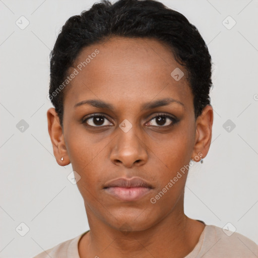 Neutral black young-adult female with short  black hair and brown eyes