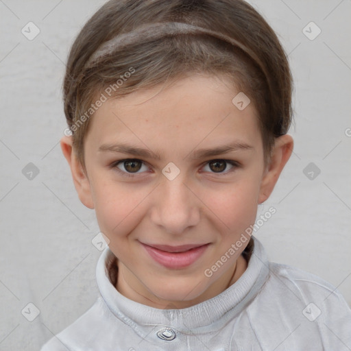 Joyful white child female with short  brown hair and brown eyes