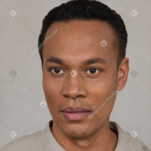Neutral latino adult male with short  black hair and brown eyes
