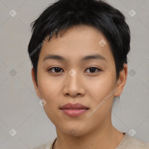 Neutral asian young-adult female with short  black hair and brown eyes