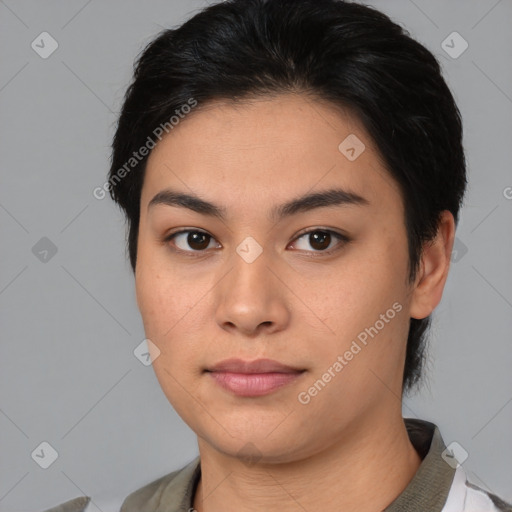 Neutral asian young-adult female with medium  black hair and brown eyes