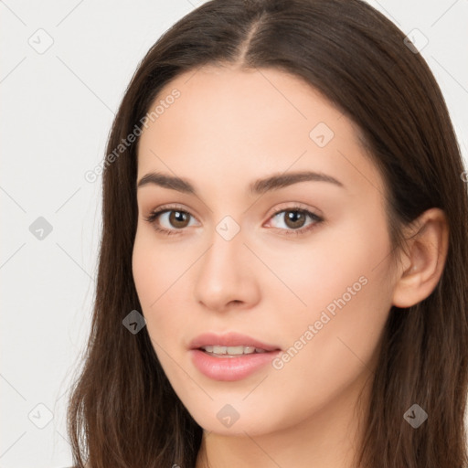 Neutral white young-adult female with long  brown hair and brown eyes