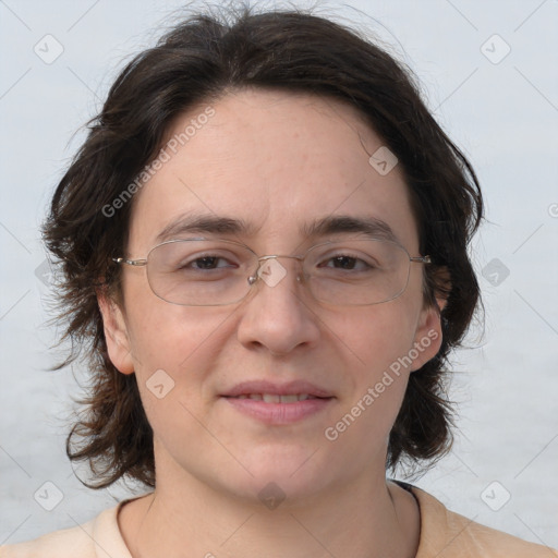 Joyful white adult female with medium  brown hair and brown eyes