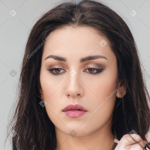 Neutral asian young-adult female with long  brown hair and brown eyes