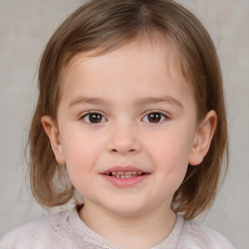 Joyful white child female with medium  brown hair and brown eyes