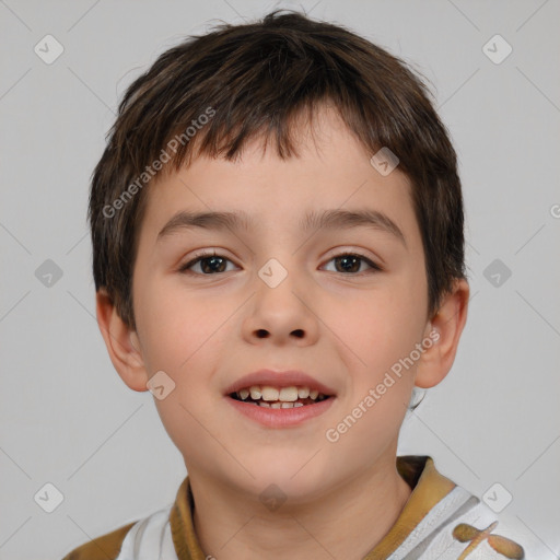 Joyful white child male with short  brown hair and brown eyes