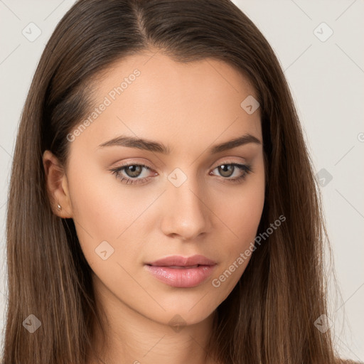 Neutral white young-adult female with long  brown hair and brown eyes