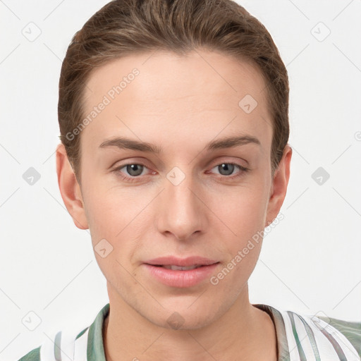 Joyful white young-adult female with short  brown hair and grey eyes