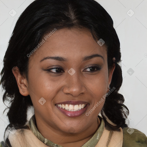 Joyful black young-adult female with medium  brown hair and brown eyes