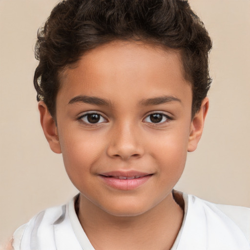 Joyful white child female with short  brown hair and brown eyes