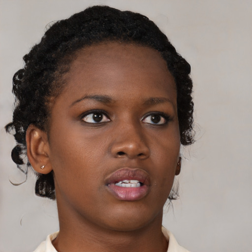 Neutral black young-adult female with short  brown hair and brown eyes
