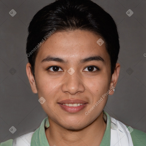 Joyful asian young-adult female with short  brown hair and brown eyes