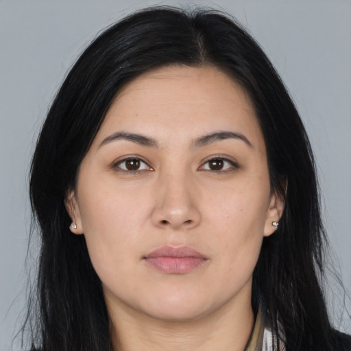 Neutral asian young-adult female with long  black hair and brown eyes