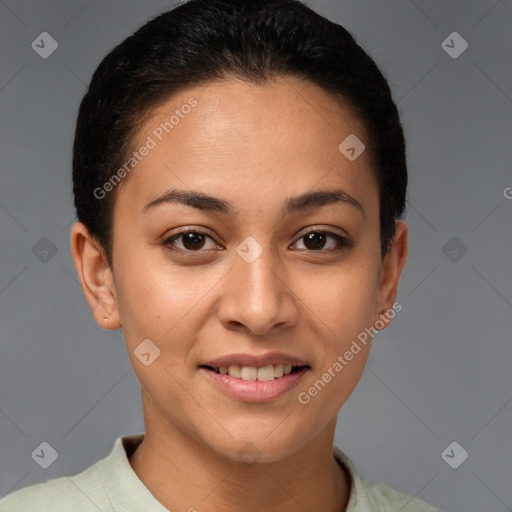 Joyful white young-adult female with short  brown hair and brown eyes