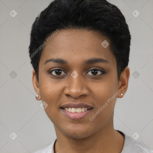 Joyful black young-adult female with short  black hair and brown eyes