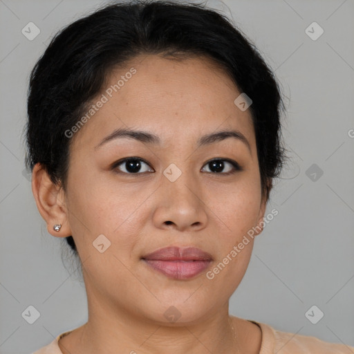 Joyful asian young-adult female with short  brown hair and brown eyes