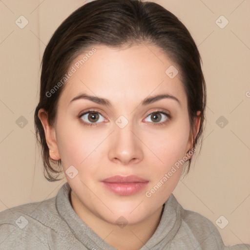 Neutral white young-adult female with medium  brown hair and brown eyes