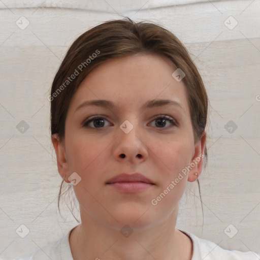 Neutral white young-adult female with short  brown hair and brown eyes