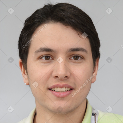 Joyful white young-adult male with short  brown hair and brown eyes