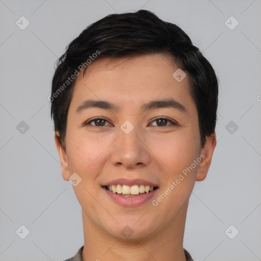 Joyful asian young-adult male with short  black hair and brown eyes