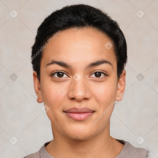 Joyful latino young-adult female with short  black hair and brown eyes