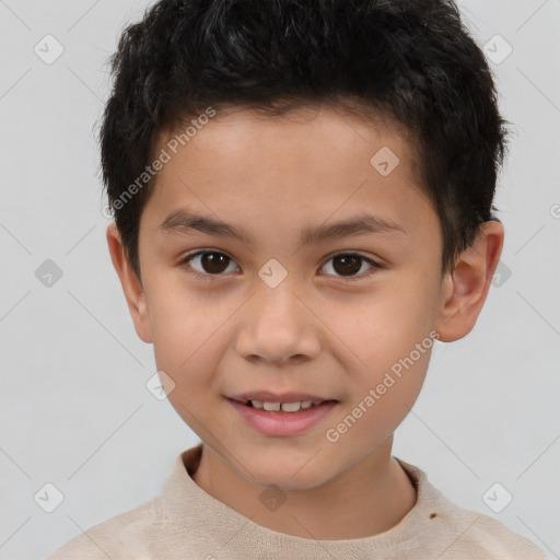 Joyful white child male with short  brown hair and brown eyes