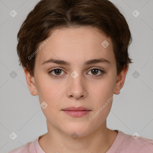 Neutral white young-adult female with short  brown hair and brown eyes