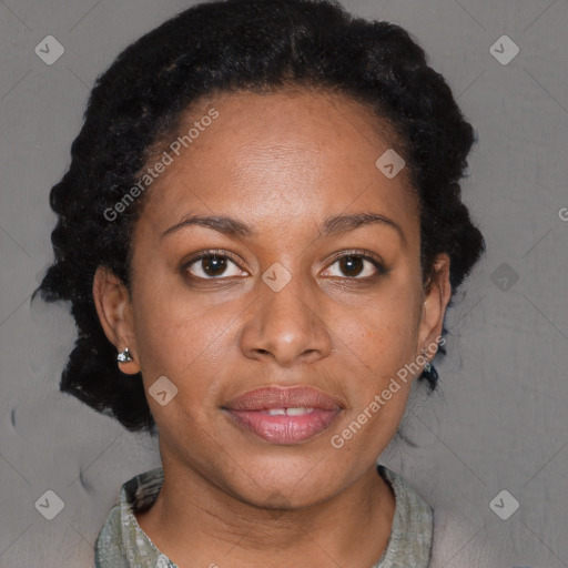 Joyful black adult female with short  brown hair and brown eyes