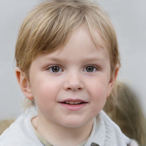 Joyful white child female with medium  brown hair and blue eyes