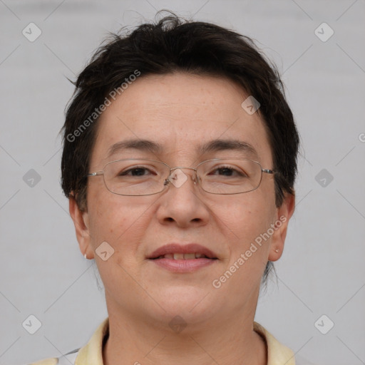 Joyful white adult female with short  brown hair and brown eyes