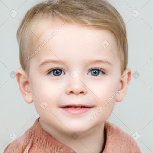 Joyful white child female with short  brown hair and grey eyes