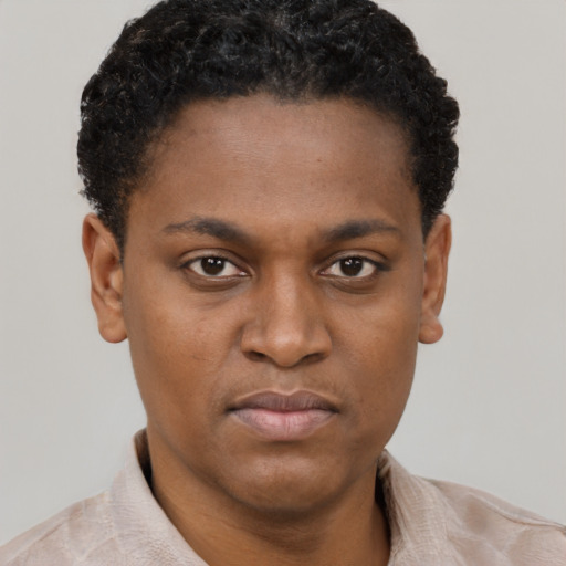 Joyful black young-adult male with short  brown hair and brown eyes