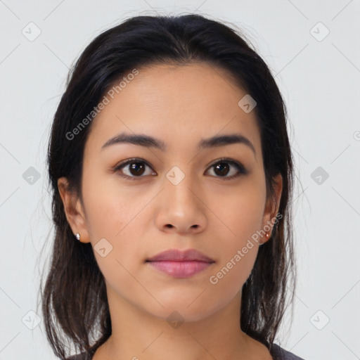 Neutral latino young-adult female with medium  brown hair and brown eyes