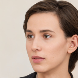 Neutral white young-adult female with short  brown hair and brown eyes