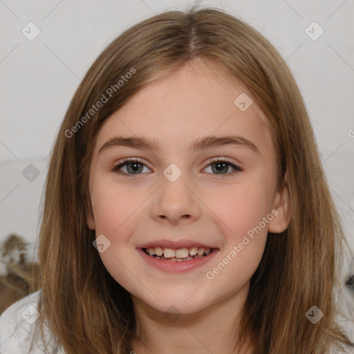 Joyful white child female with medium  brown hair and brown eyes