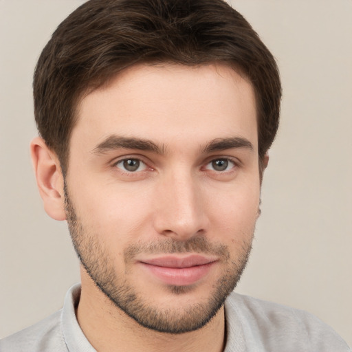 Neutral white young-adult male with short  brown hair and brown eyes